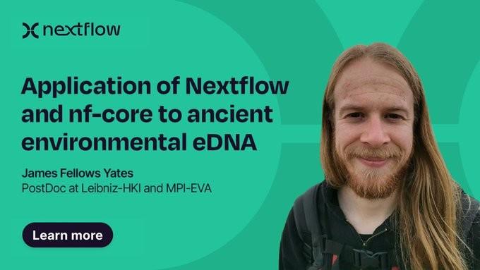 Social media preview of a blog post with a large title and subtitle of 'Application of Nextflow and nf-core to ancient environmental eDNA by James Fellows Yates PostDoc at Leibniz-HKI and MPI-EVA' and a photo of the author. 