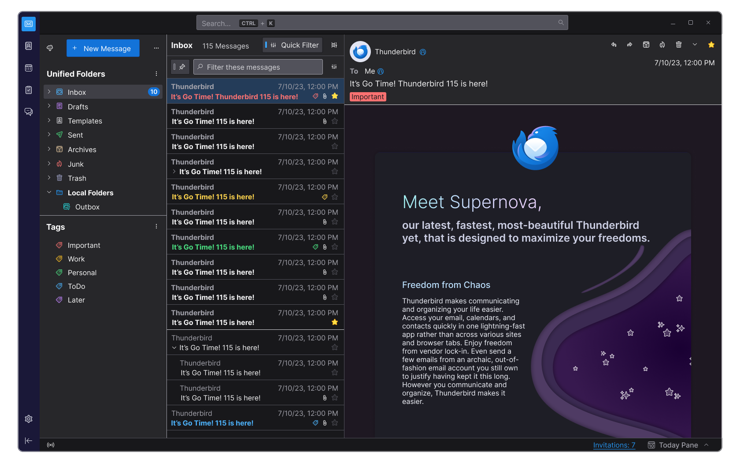 Thunderbird email software's main email interface in Dark Mode, showing 3 columns in a "Vertical" layout with new Cards view enabled. 

The left column shows various accounts and folders, the middle column shows message previews, threads, in various colors and states. The right column shows the full message with header information